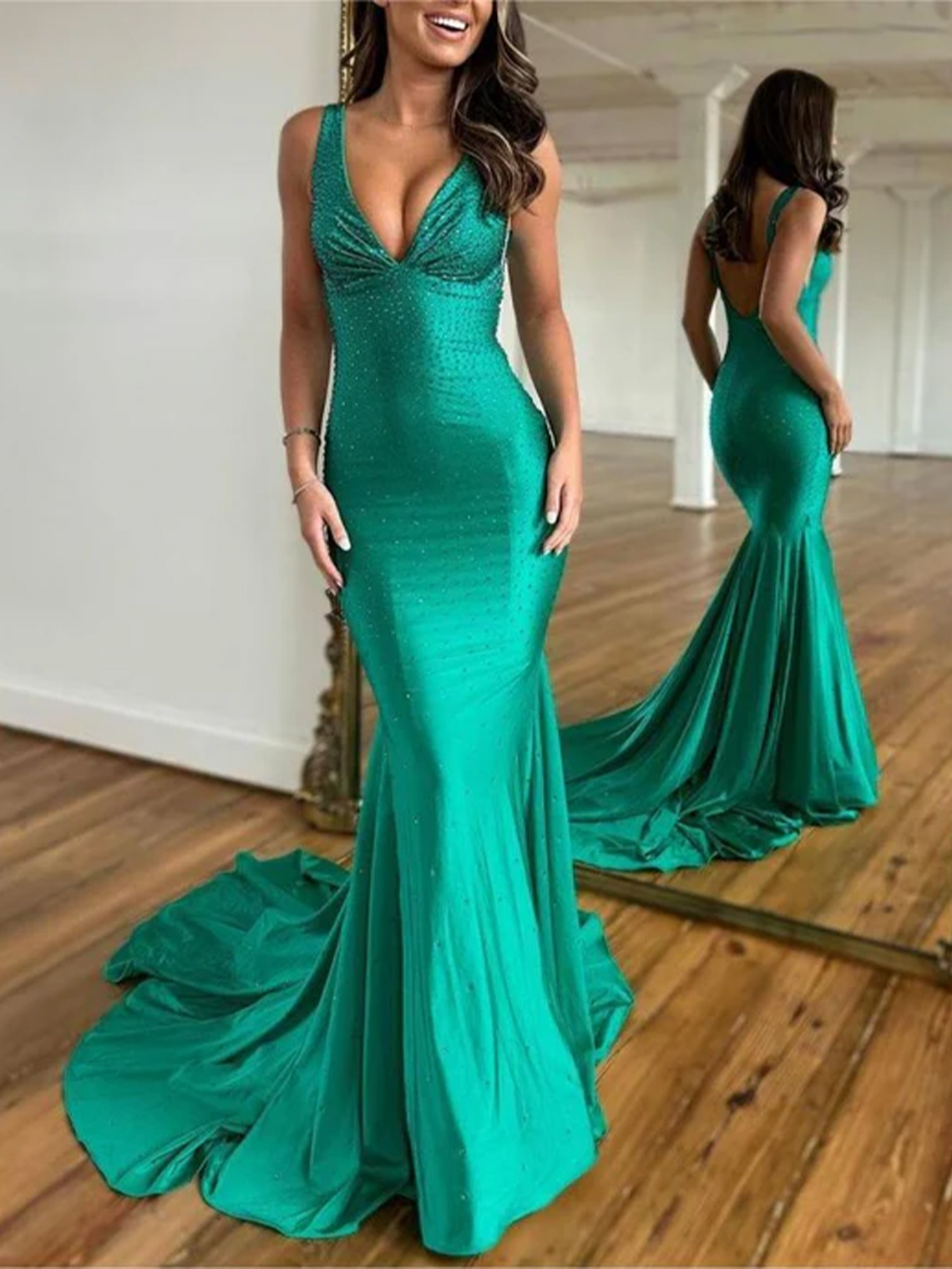 Mermaid Satin Deep V-Neck Floor length Beaded Long Prom Dress