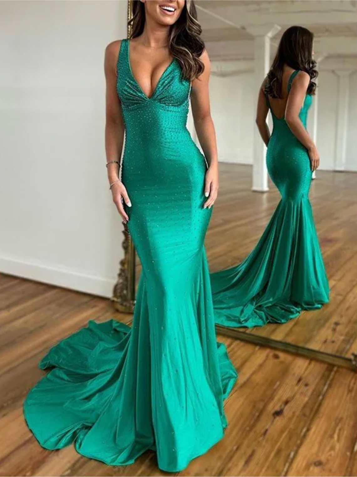 Mermaid Satin Deep V-Neck Floor length Beaded Long Prom Dress