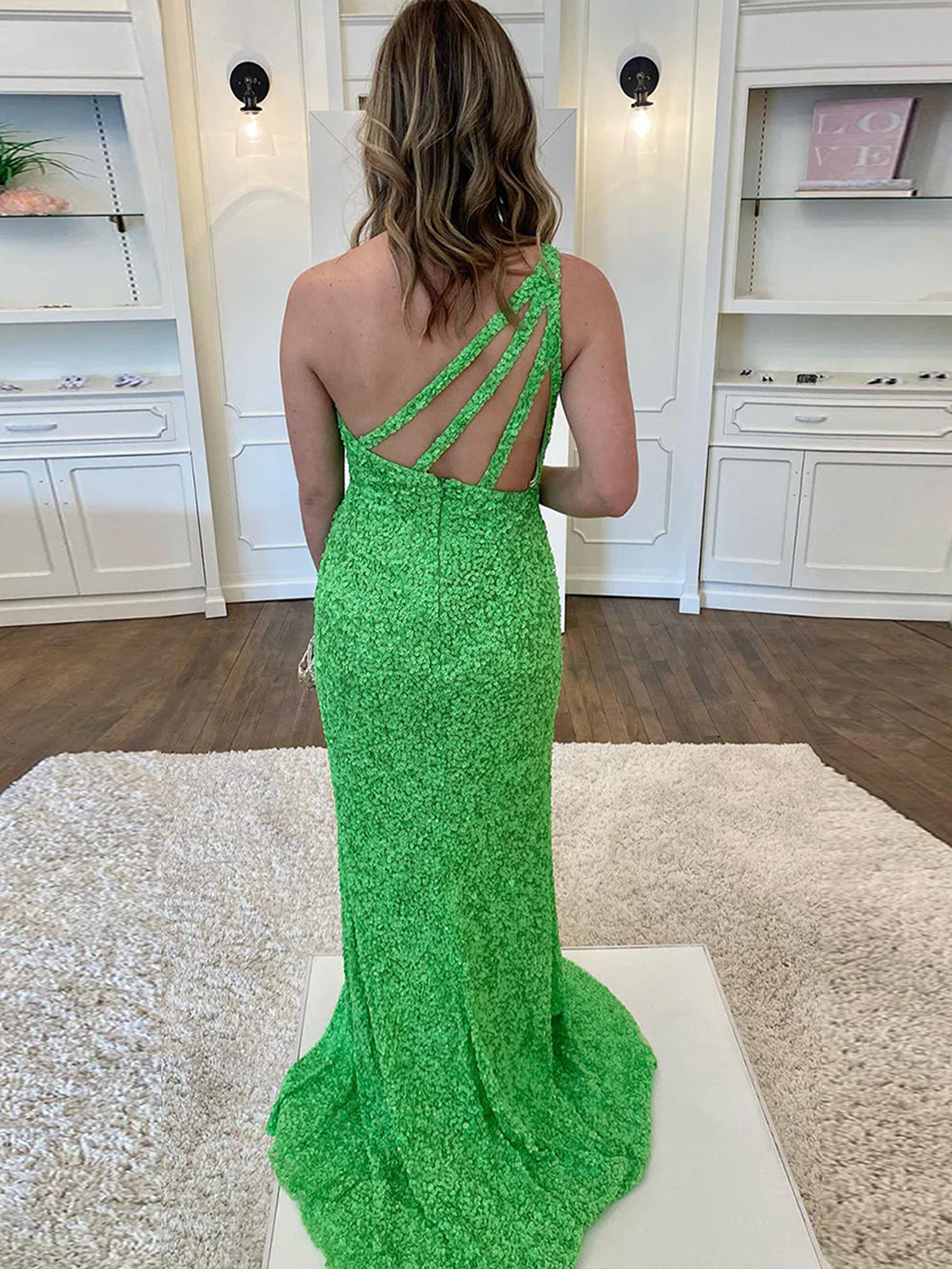 Glitter Mermaid One Shoulder Open Back Sleeveless Sexy Prom Dress