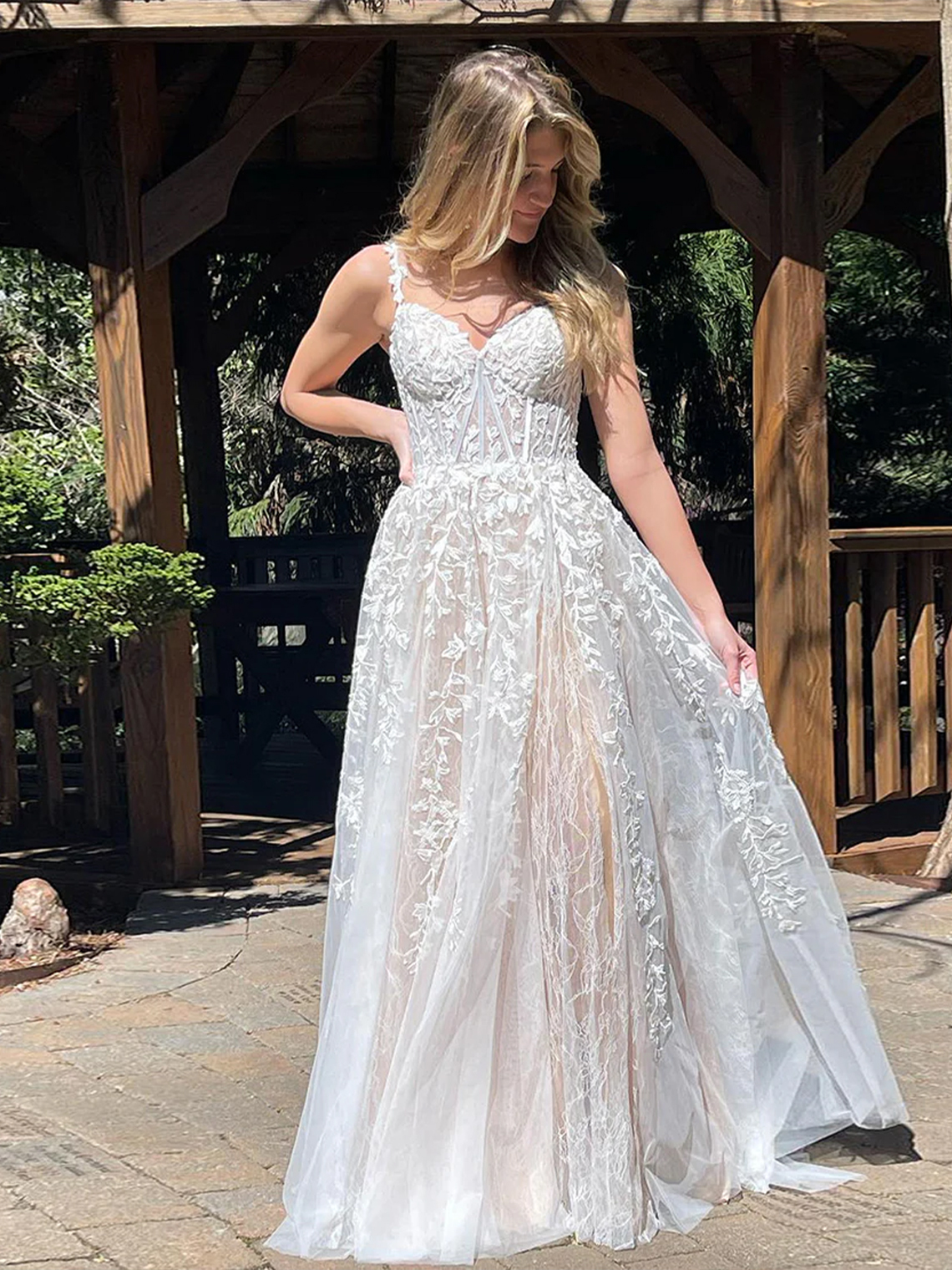 A-Line Tulle V-neck Off the Shoulder with Appliques Long Prom Dress
