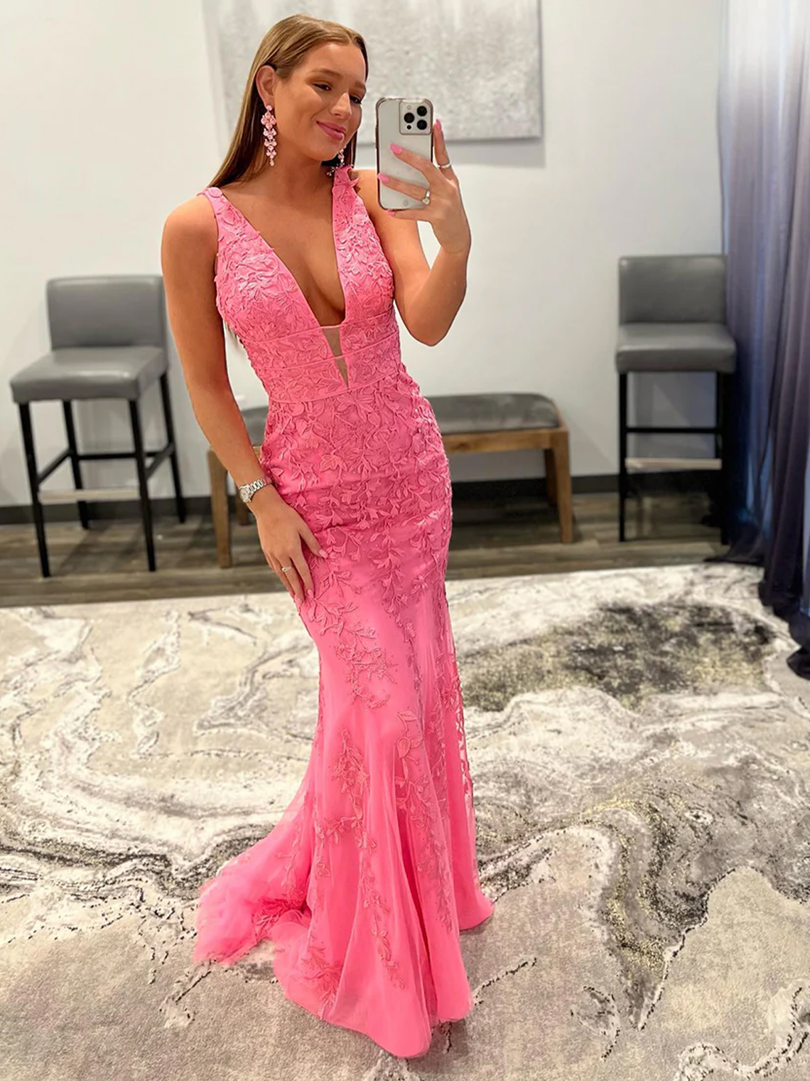 Sexy Mermaid Tulle Lace V-neck Appliques Backless Long Prom Dress