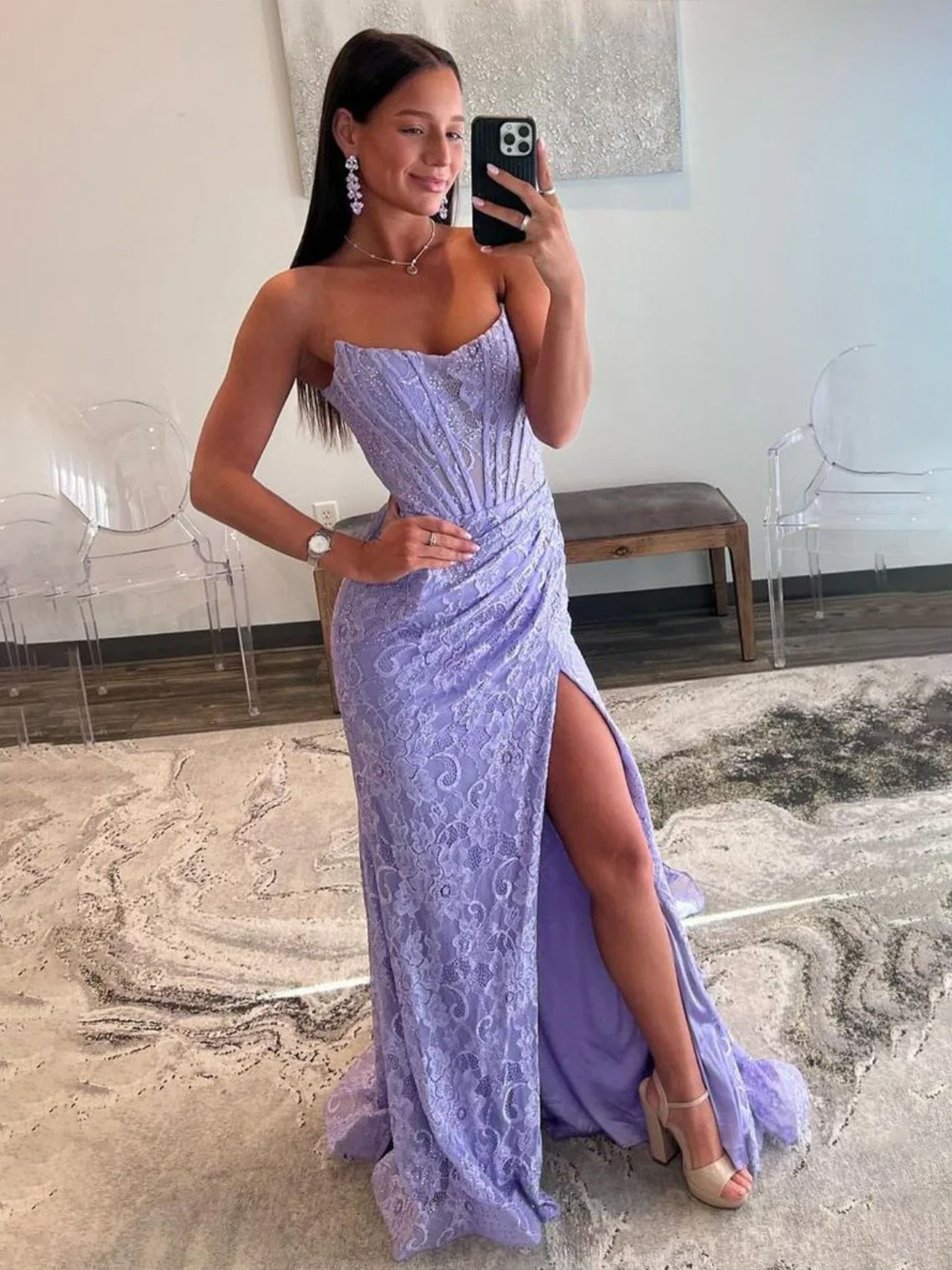 Mermaid/Trumpet Strapless Long Lace Prom Dress Beaded With Split