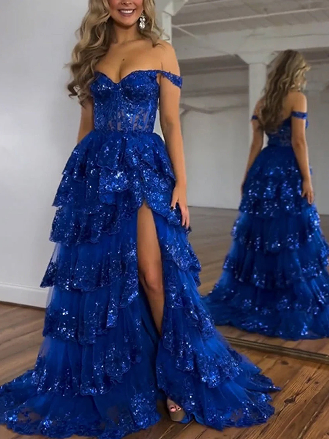 A Line Off the Shoulder with Appliques Long Prom Dress