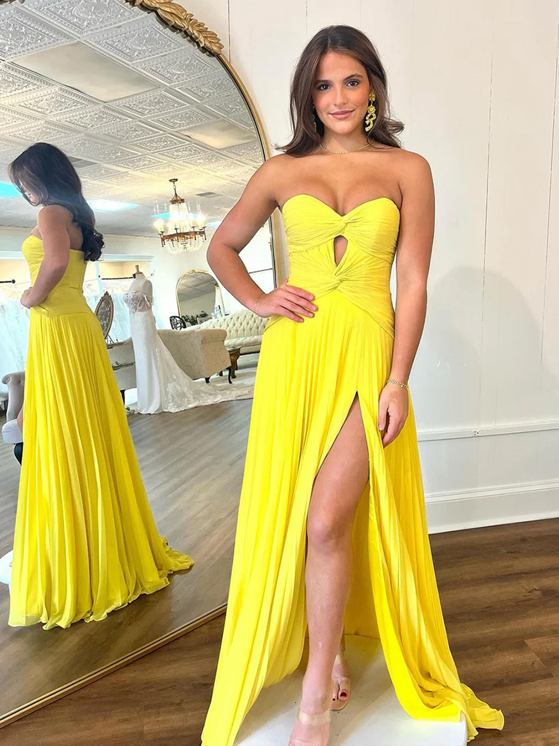 Sexy A Line Sweetheart Keyhole Pleated  With Slit Long Prom Dress