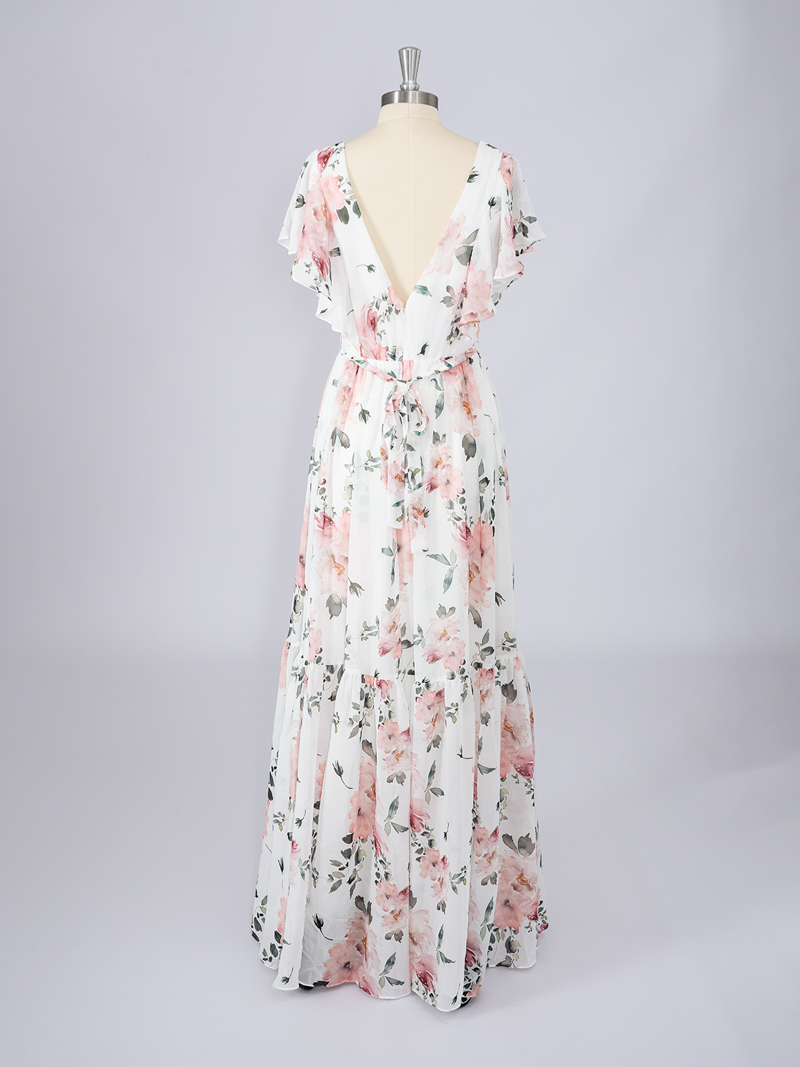 A-Line Pink V Neck Color Dress with floral patterns Evening Dress