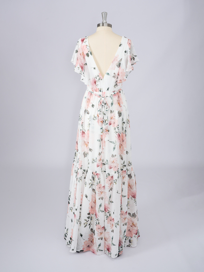 Dress A-Line Pink V Neck Color Dress with floral patterns Evening Dress