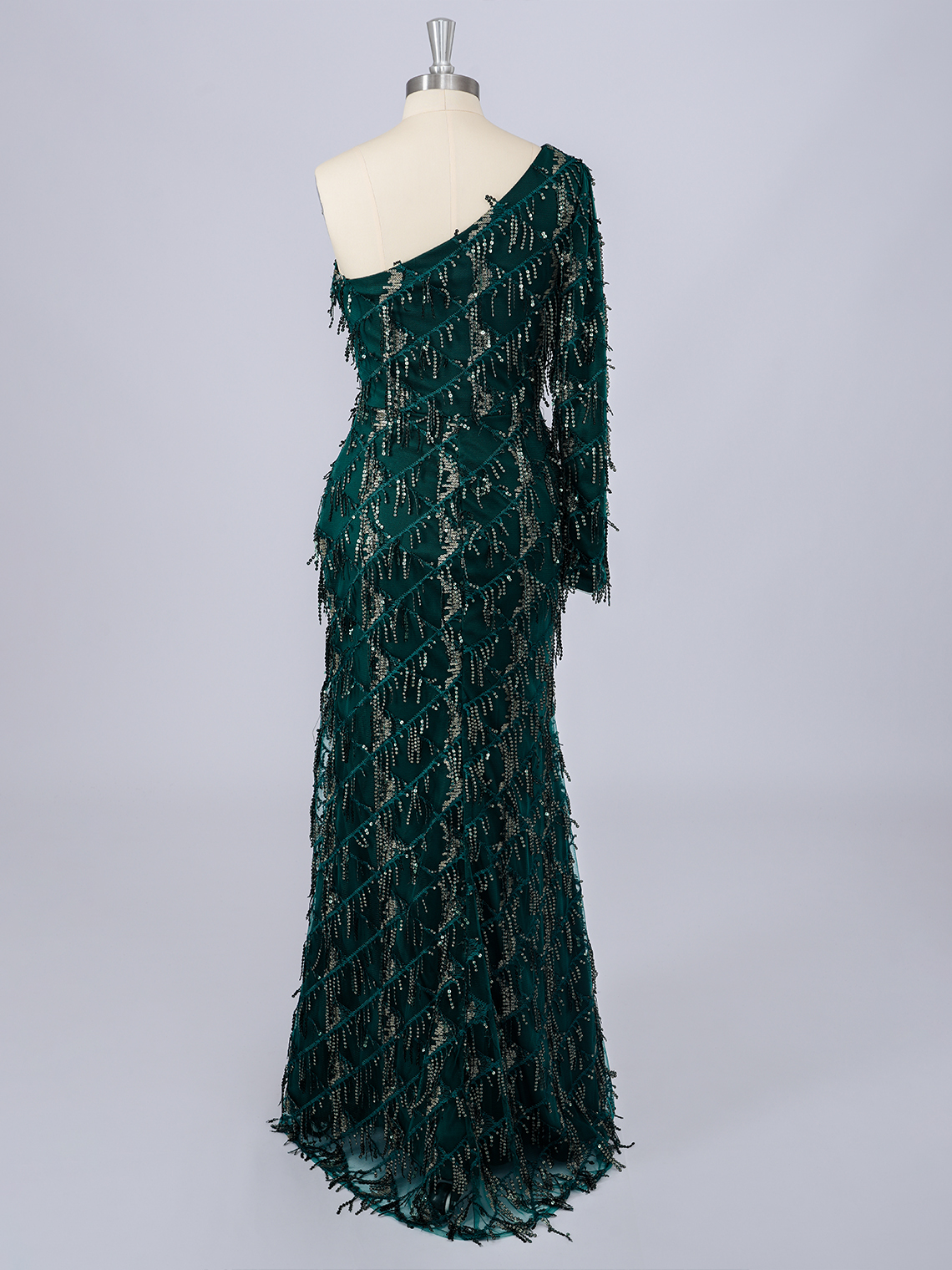 Dark Green Sequins One Shoulder Long Sleeves With Tassel Prom Dress