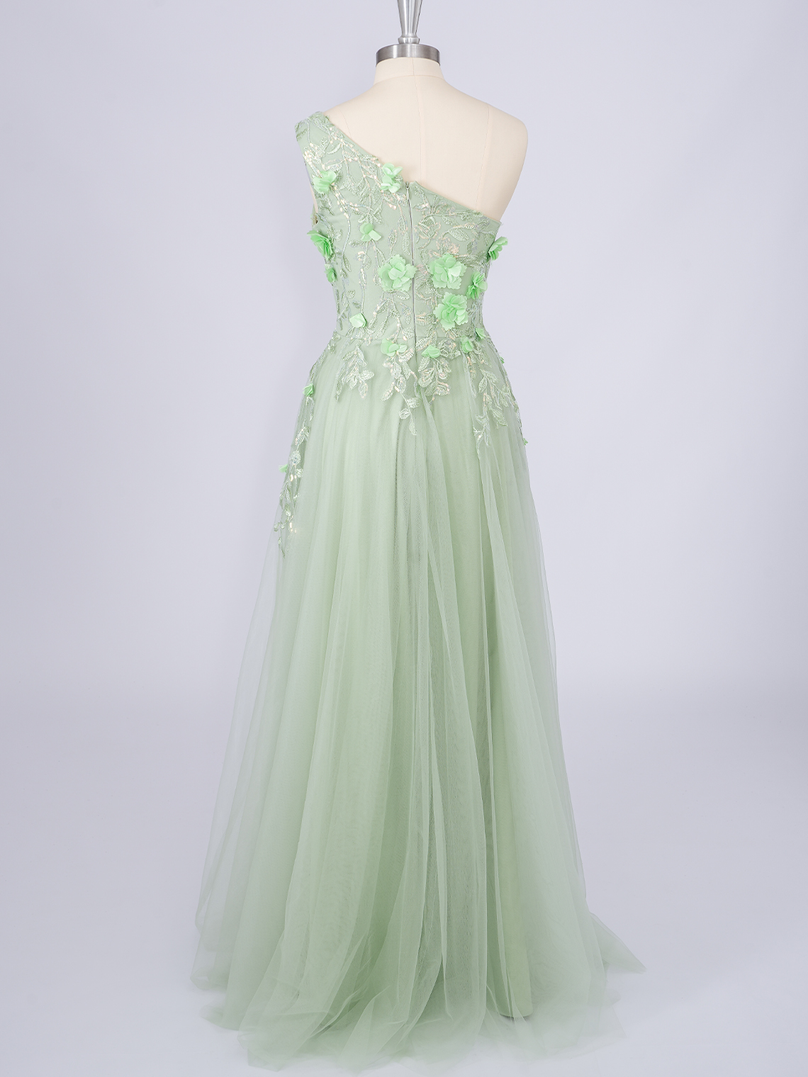 Dusty Sage A-Line Tulle One Shoulder With Appliques Long Prom Dress