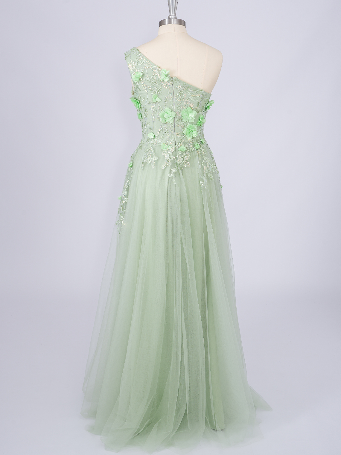 Dusty Sage A-Line Tulle One Shoulder With Appliques Long Prom Dress