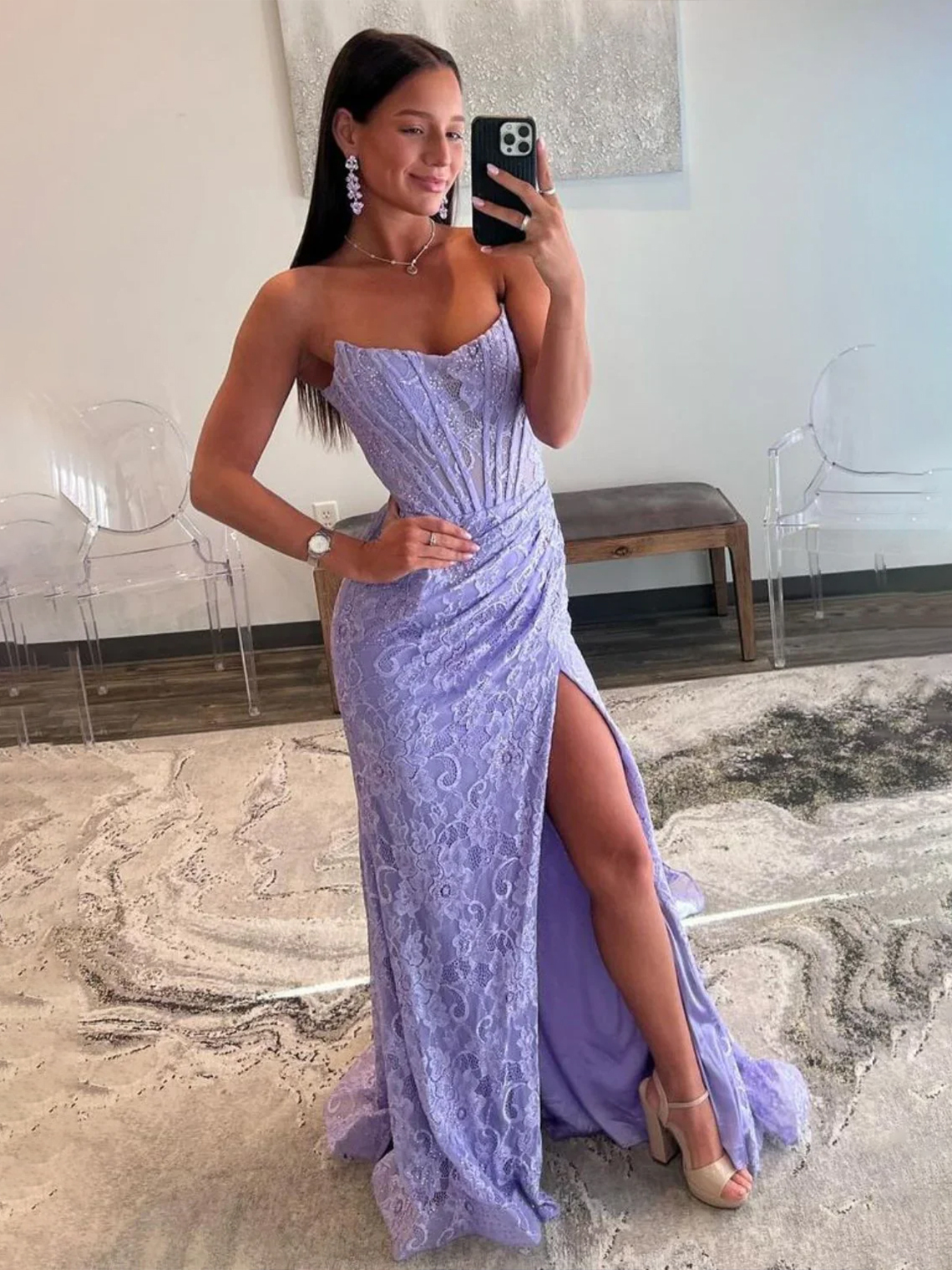 Mermaid/Trumpet Strapless Long Lace Prom Dress Beaded With Split