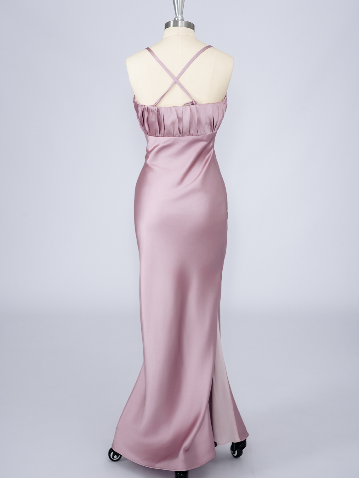 Dusty Rose Mermaid Silk Satin Spaghetti With Ruffles Long Prom Dress