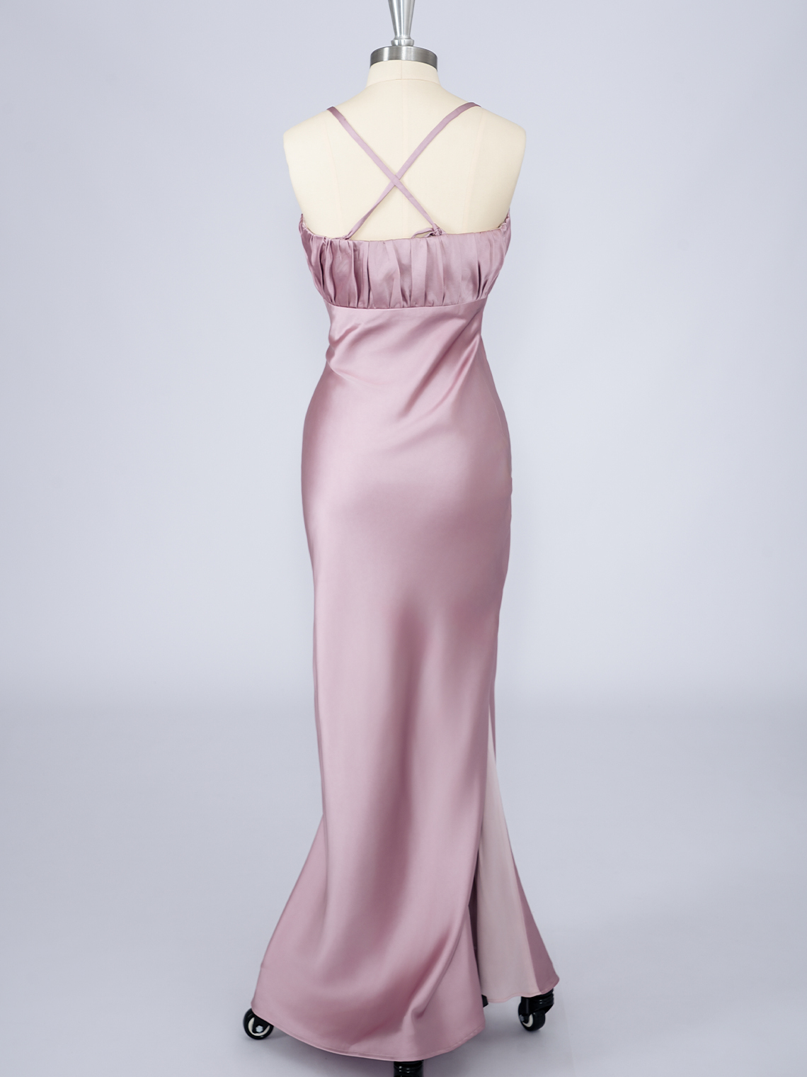 Dusty Rose Mermaid Silk Satin Spaghetti With Ruffles Long Prom Dress