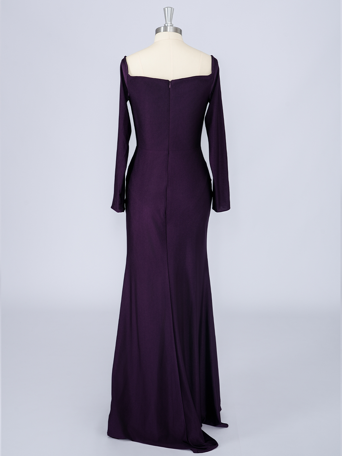 Grape Mermaid Satin Square Neck Long Sleeves Solid Color Prom Dress