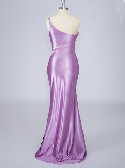 Dress Lilac Mermaid Satin One Shoulder Solid Color With Pleats Prom Dress