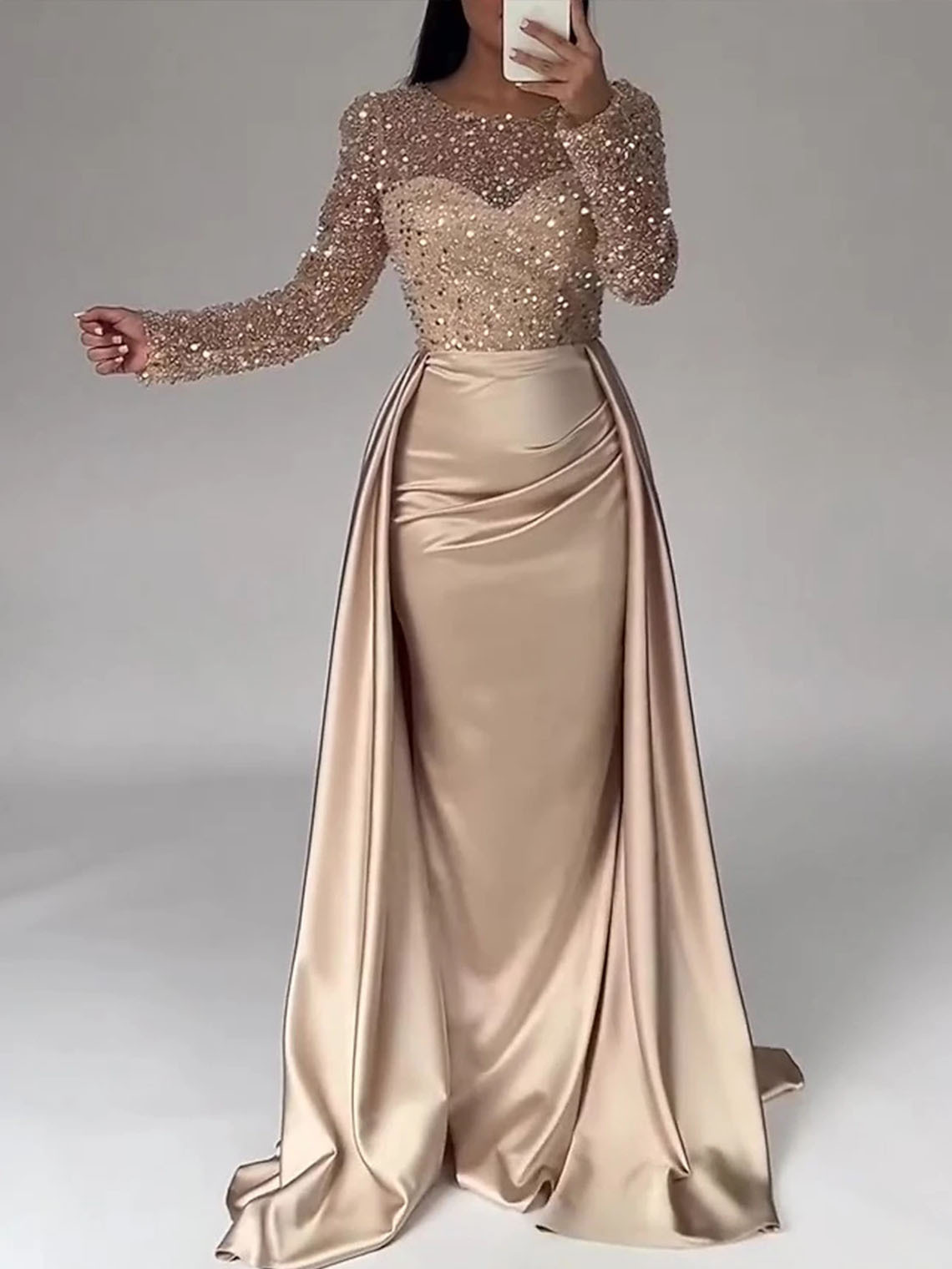 Mermaid Sequin Satin Long Sleeves with Pearls Long Evening Dress