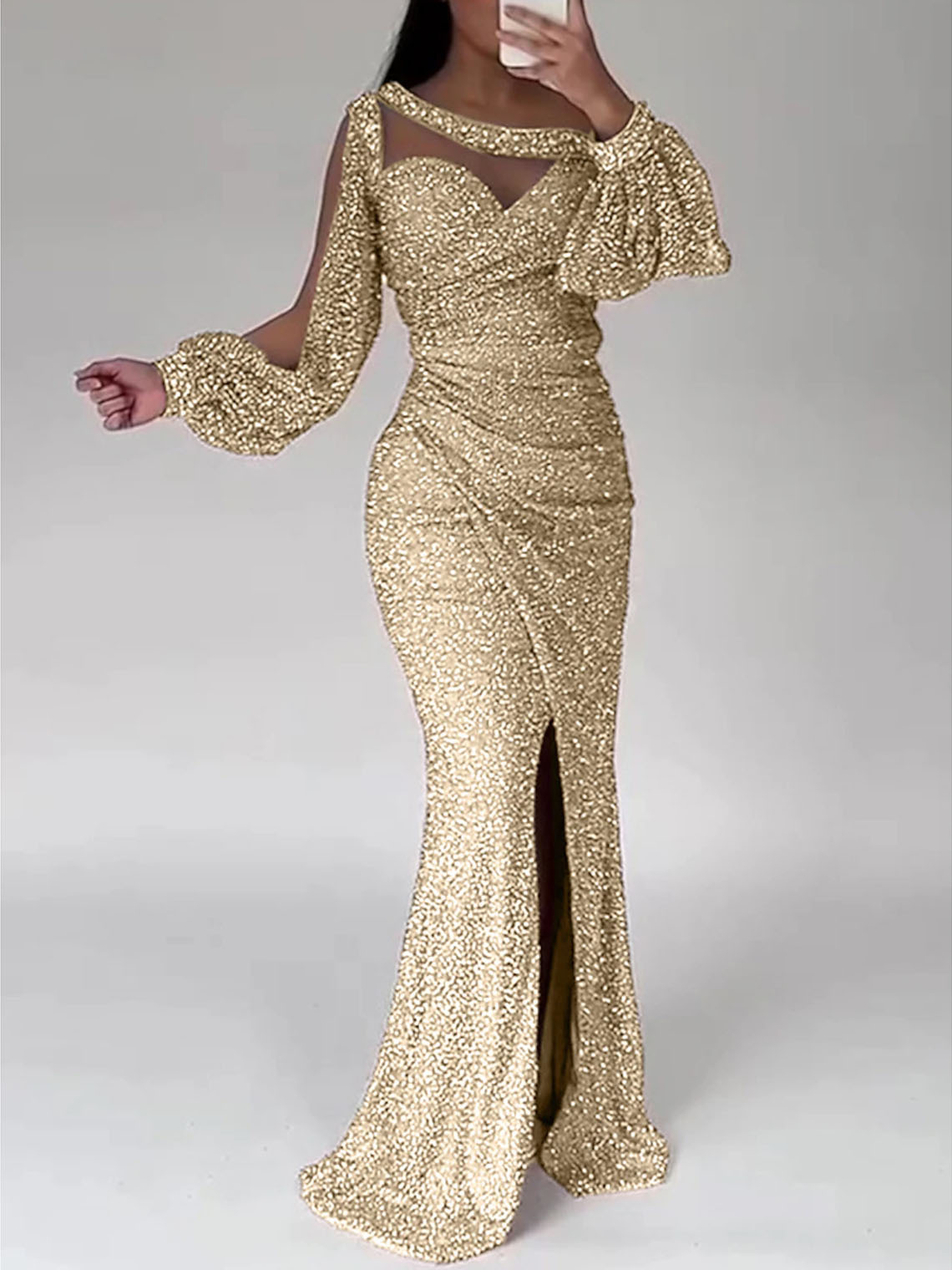 Sparkle Mermaid Sequin Long Sleeve Scoop Neck with Slit Evening Dress