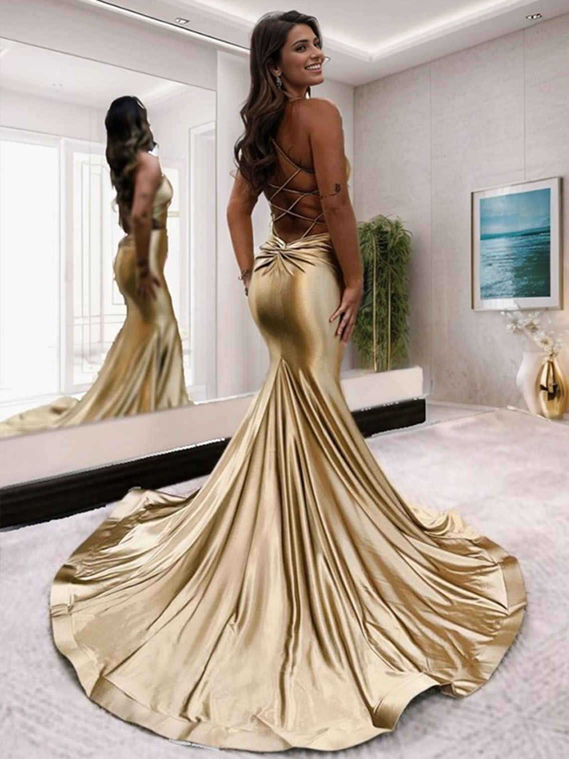 Gold Sheath V neck Sleeveless Court Train With Backless Prom Dress