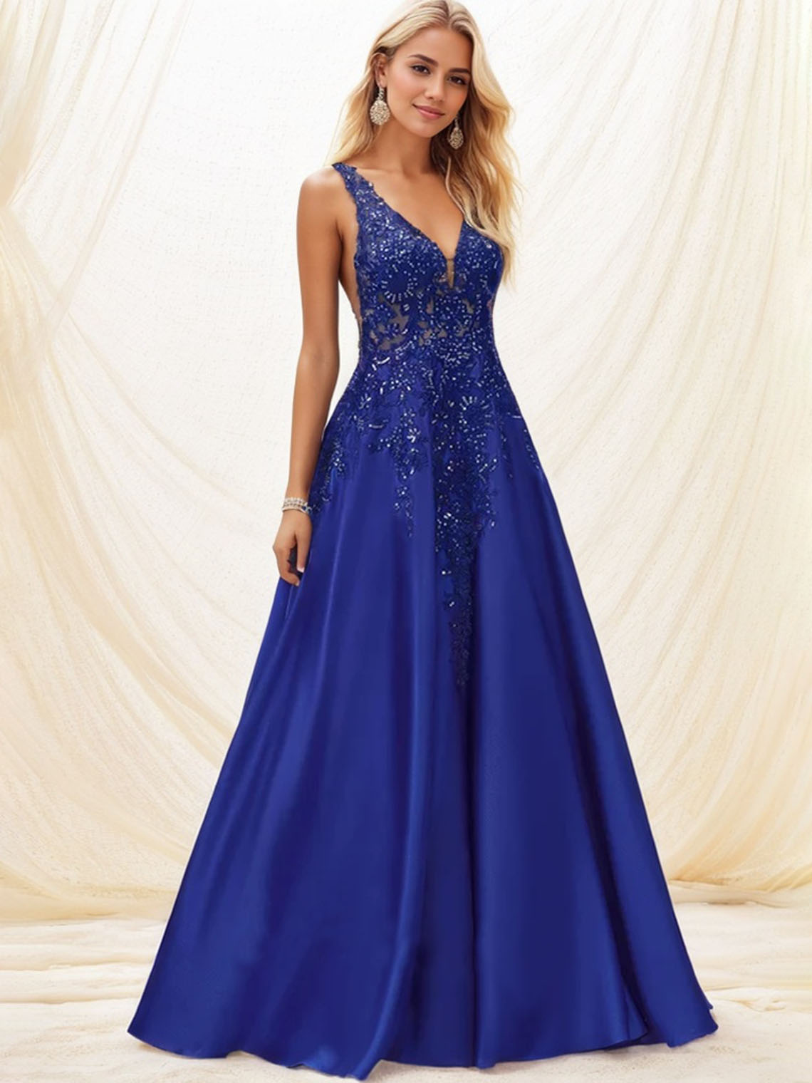 Blue A-line V-Neck Sleeveless Sequins With Appliques Long Prom Dress