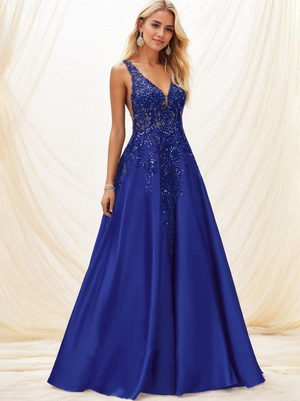 Blue A-line V-Neck Sleeveless Sequins With Appliques Long Prom Dress