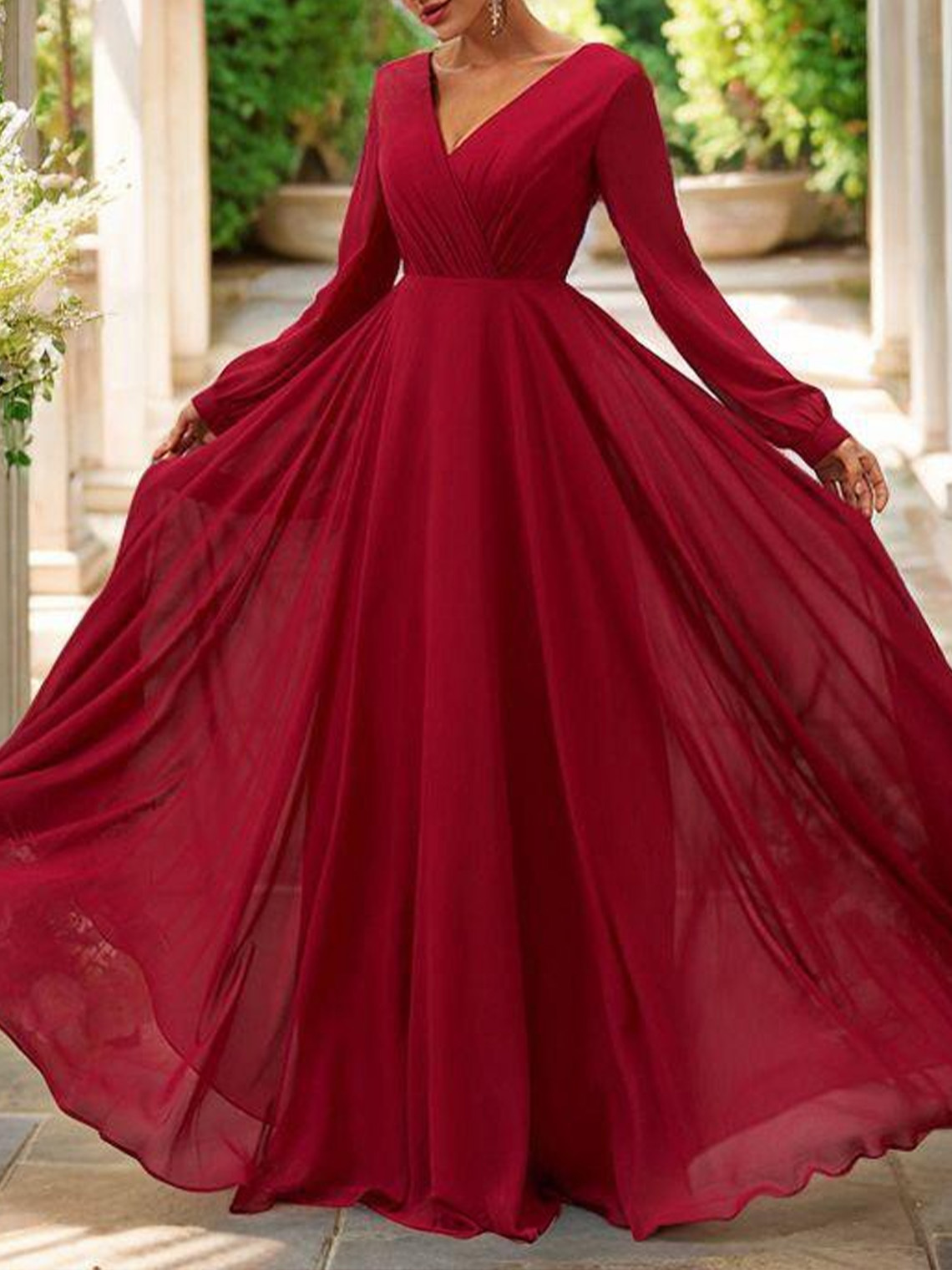 A Line Chiffon V Neck Long Sleeves Floor Length Bridesmaid Dresses