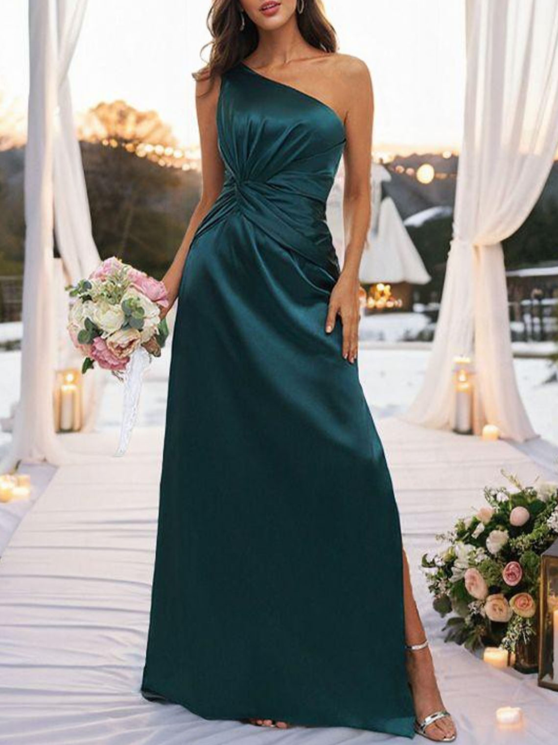 Sheath One Shoulder Floor Length With Split Long Bridesmaid Dress