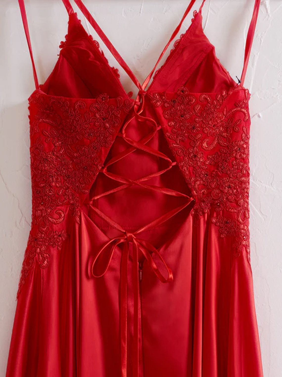 A-line Sexy V Neck Spaghetti Straps Satin With Split Prom Dress 