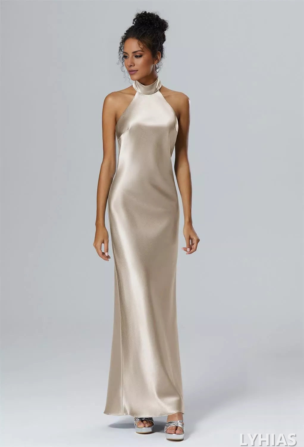 Satin Sheath/column Floor-Length Bridesmaid Dresses with Halter neckline & Backless Design