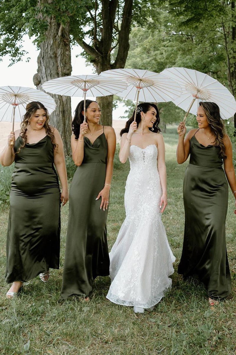 Hunter Green Silk Satin Cowl Neck Bridesmaid Dresses in Moss Green, US2