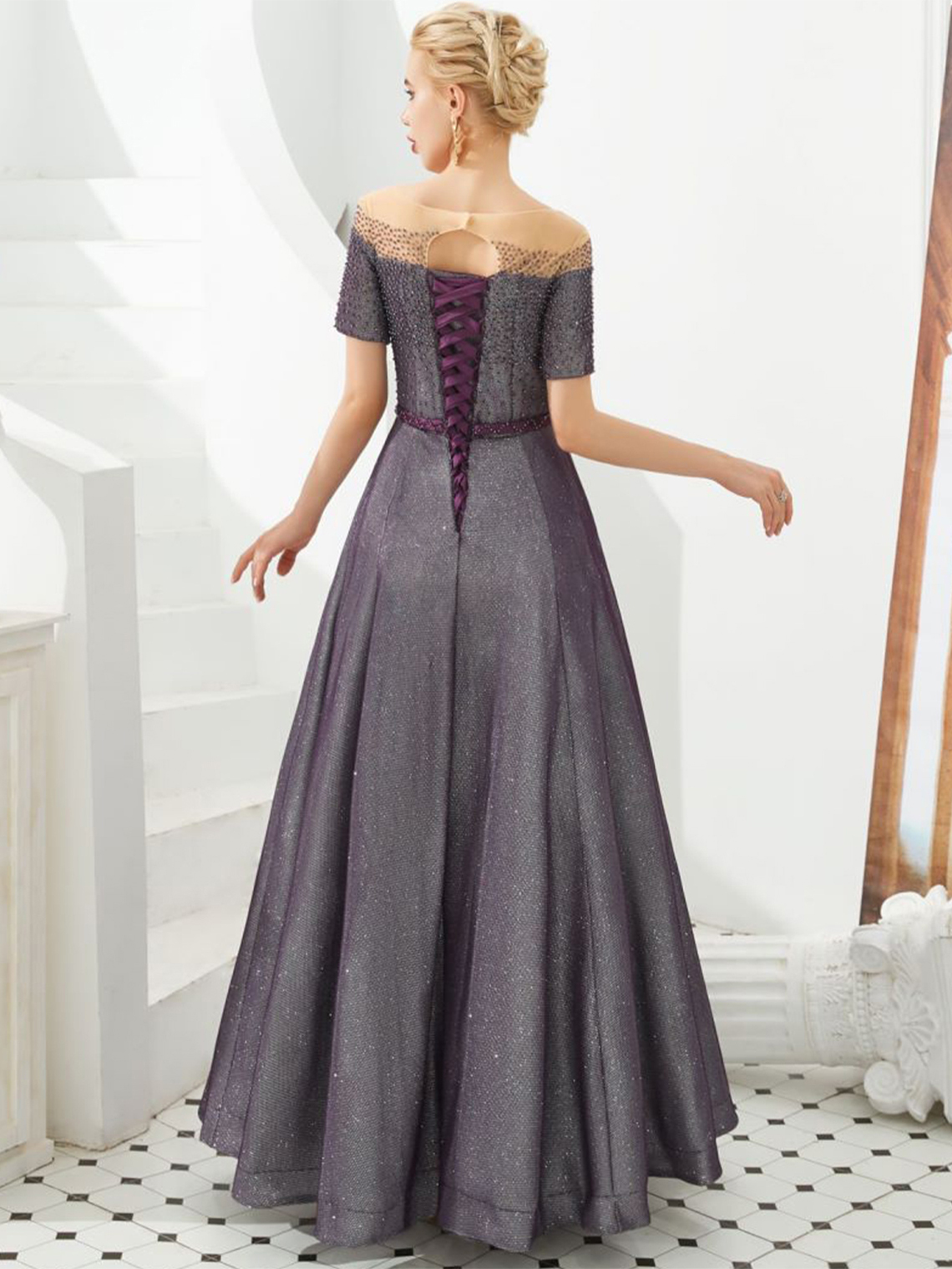 A-Line Evening Dress Jewel Neck Short Sleeves Floor Length Prom Dress