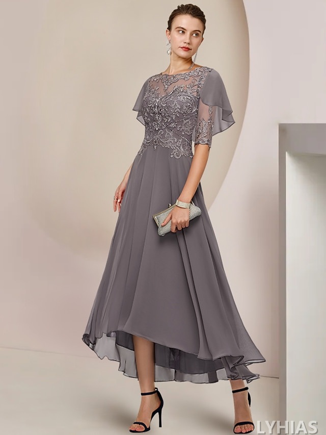 A-Line Mother of the Bride Dresses Tea Length with Beading Half Sleeve Scoop Neck Lace Elegant