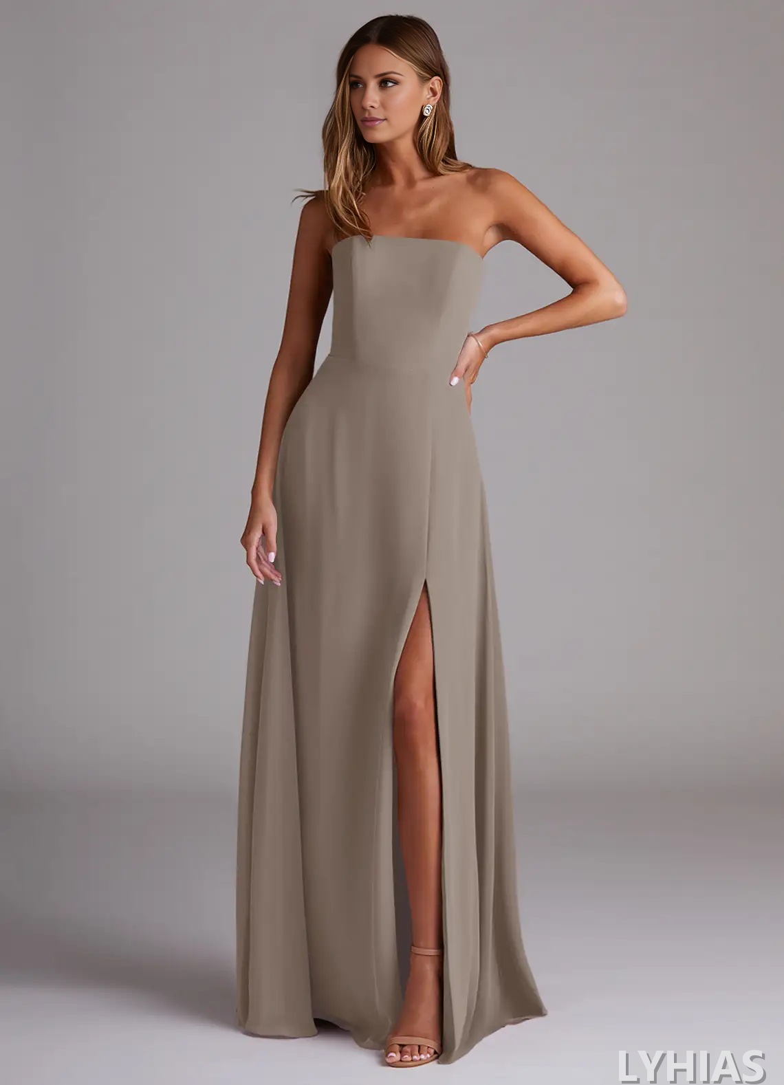 Chiffon Straight Neck A-Line Floor-Length Bridesmaid Dresses with High Slit