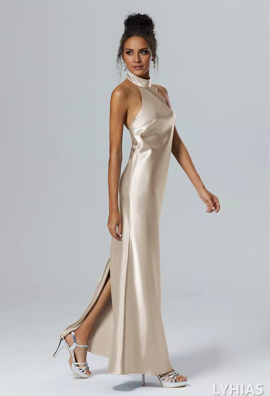 Satin Sheath/column Floor-Length Bridesmaid Dresses with Halter neckline & Backless Design