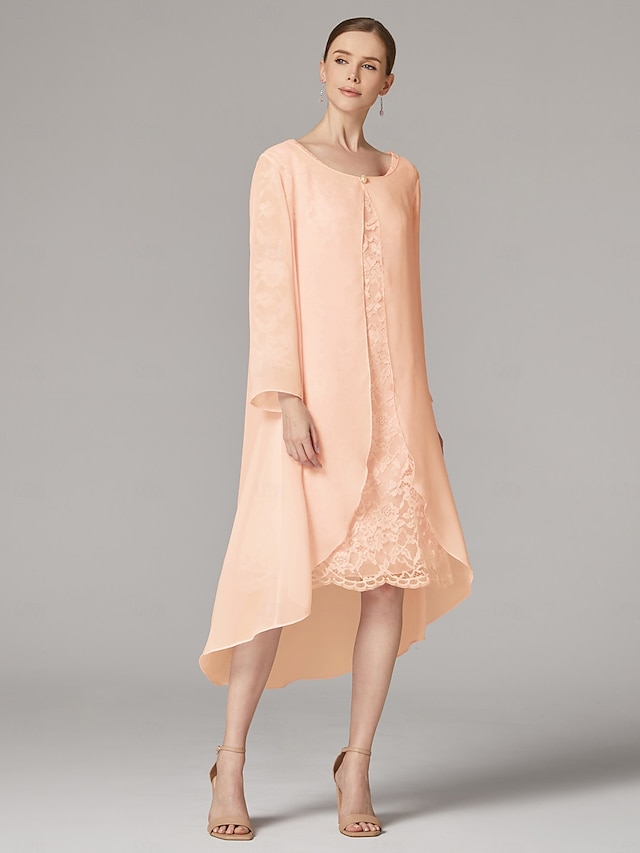 two piece a-line mother of the bride dresses wedding guest dresses tea length chiffon lace elegant, supplier image 14