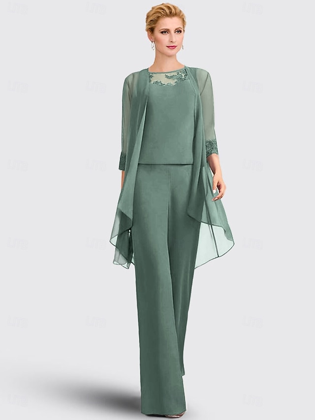 3 piece jumpsuit pantsuit floor-length mother of the bride dress wedding guest dress formal dress jewel neck sleeveless chiffon lace elegant, supplier image 13