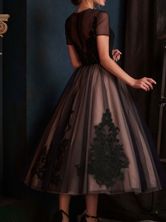 a-line ankle-length wedding guest dress evening gown cocktail dress illusion neck short sleeves lace tulle elegant, supplier image 5