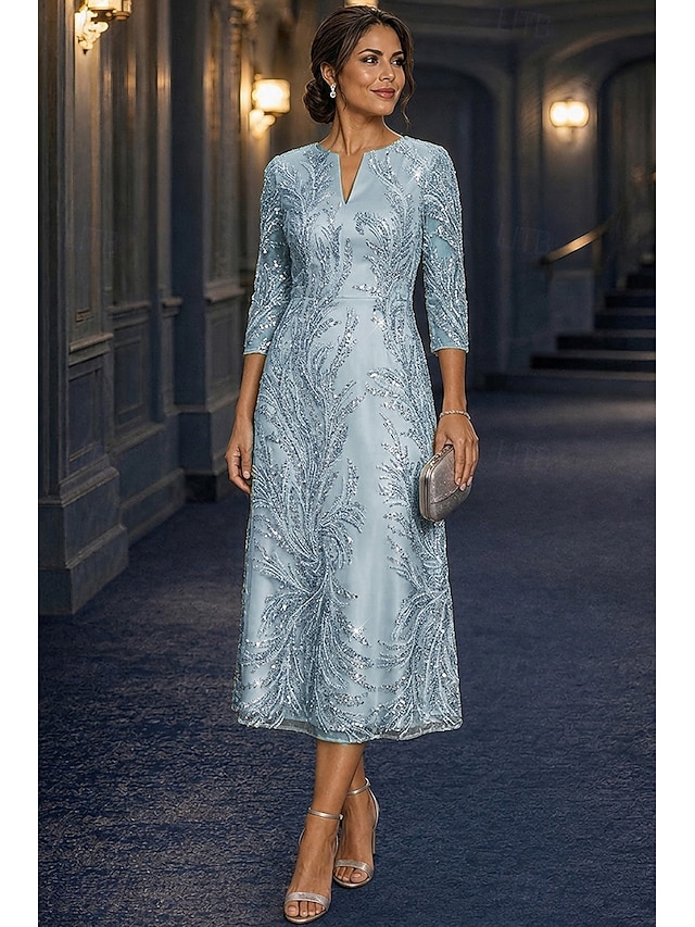 a-line tea length mother of the bride dresses 3/4 length sleeve v neck elegant vintage luxurious lace with beading, supplier image 9