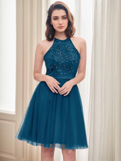 Dress A-line Halter Neck Knee Length Appliqued Sequins Homecoming Dress
