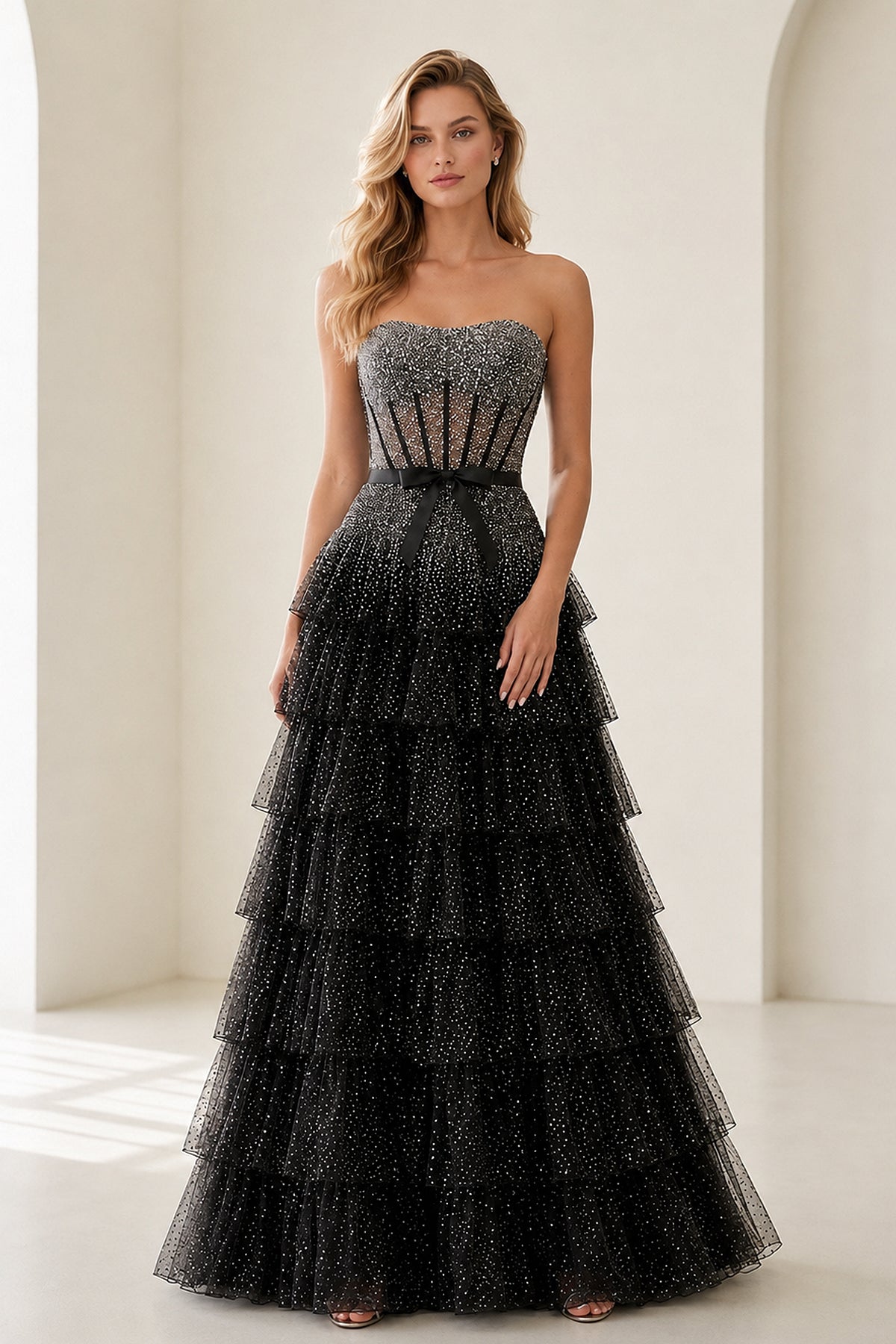 Black-White Strapless A Line Tulle Ruffled Formal Prom Dresses With Beading, product image 1