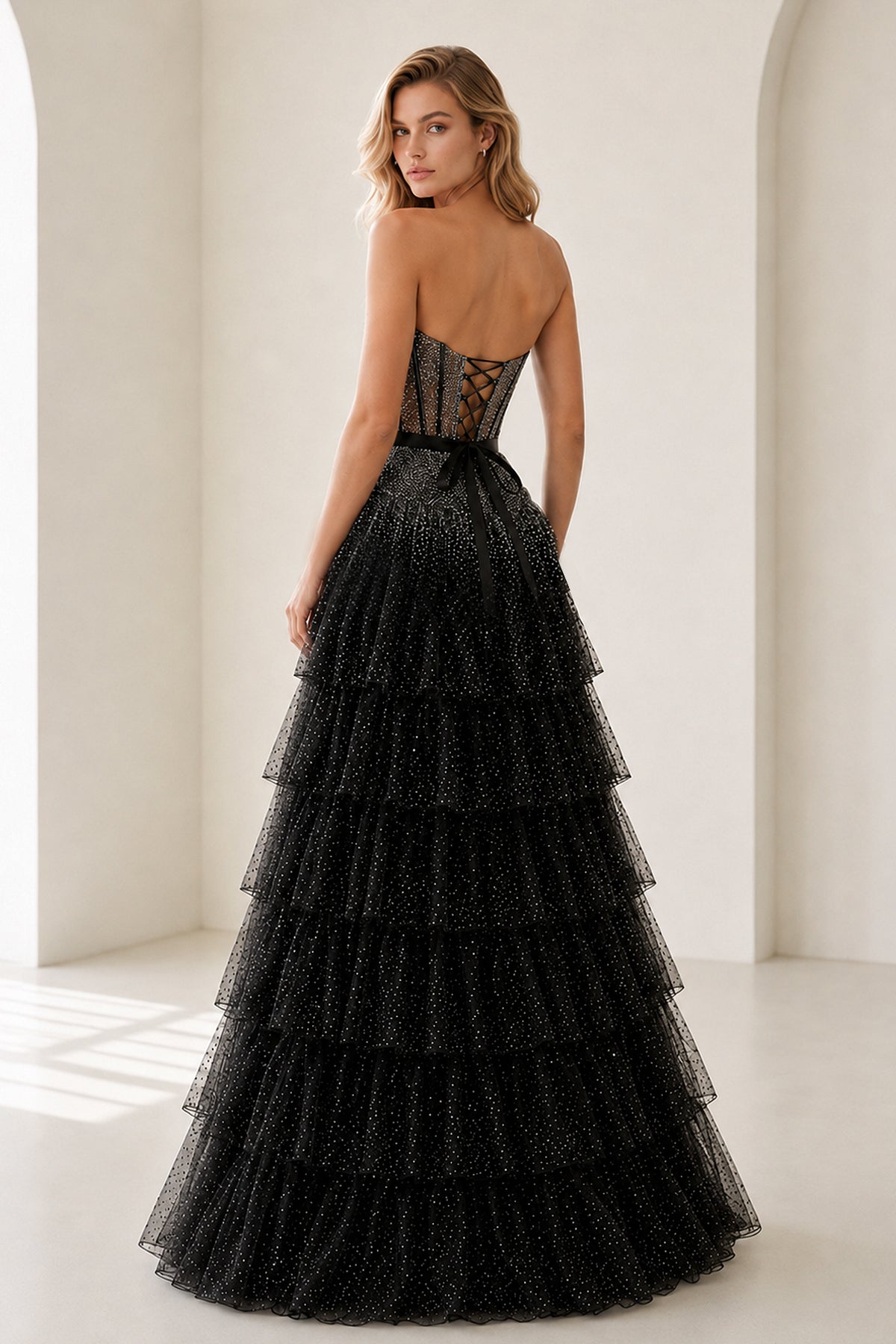 Black-White Strapless A Line Tulle Ruffled Formal Prom Dresses With Beading, product image 2