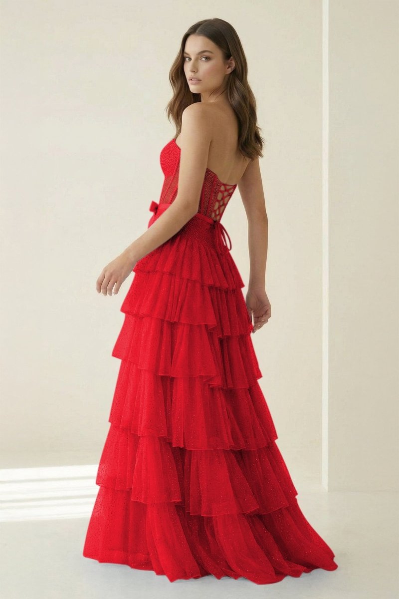 Black-White Strapless A Line Tulle Ruffled Formal Prom Dresses With Beading, product image 18