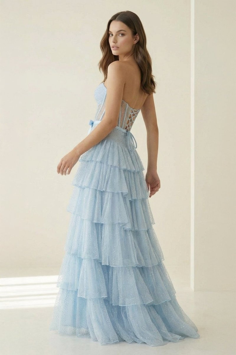 Black-White Strapless A Line Tulle Ruffled Formal Prom Dresses With Beading, product image 4