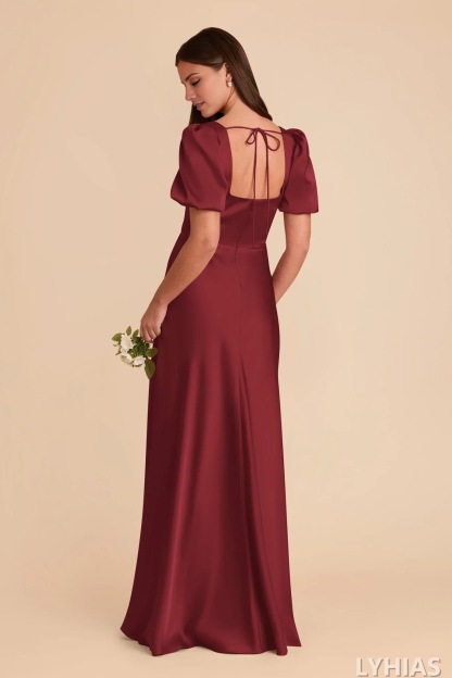 Burgundy Satin A-Line Floor-Length Bridesmaid Dresses with Square Neck & Puff Sleeves