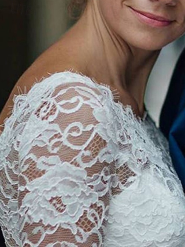 sheath column little white dress wedding dress off-the-shoulder long sleeves satin, supplier image 4