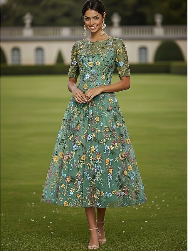 a-line tea length mother of the bride dresses wedding guest dresses cocktail dresses half sleeve crew neck elegant casual tulle with embroidery, supplier image 1