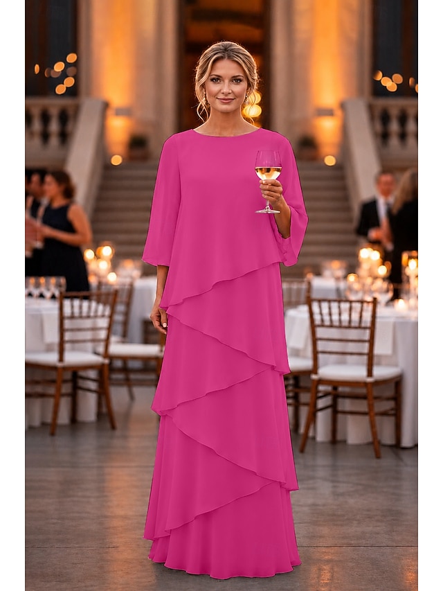 sheath column floor length mother of the bride dresses wedding guest dresses formal dresses evening gown 3/4 length sleeve crew neck elegant chiffon, supplier image 7