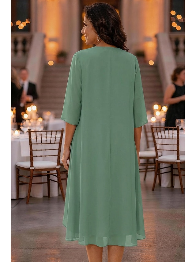 two piece a-line knee length asymmetrical mother of the bride dresses half sleeve scoop neck elegant simple casual chiffon with floral print, supplier image 2