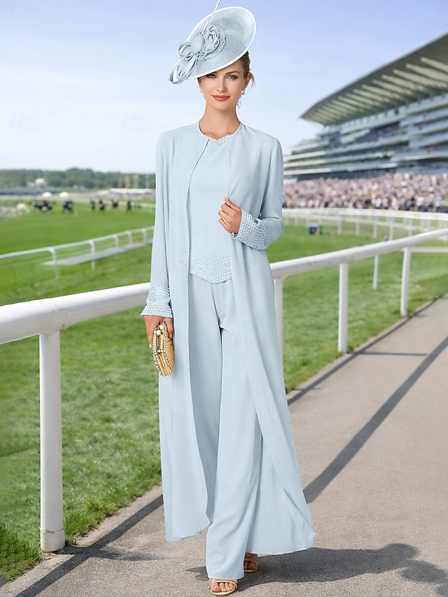 3 piece jumpsuit pantsuit mother of the bride dresses floor length chiffon with beading long sleeve, supplier image 23