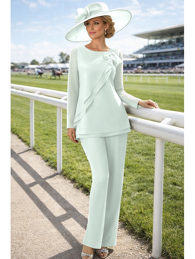 two piece jumpsuit pantsuit floor-length mother of the bride dress wedding guest dress jewel neck long sleeves chiffon elegant, supplier image 10