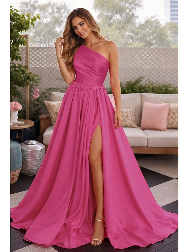 a-line floor-length wedding guest dress prom dress evening gown one-shoulder sleeveless satin elegant simple, supplier image 1
