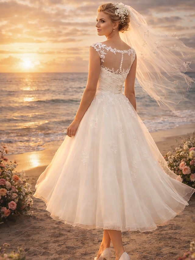 a-line tea-length little white dress wedding dress illusion neck sleeveless lace tulle, supplier image 2